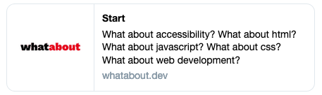 Whatabout.dev when shared on Twitter is displayed with an square og:image